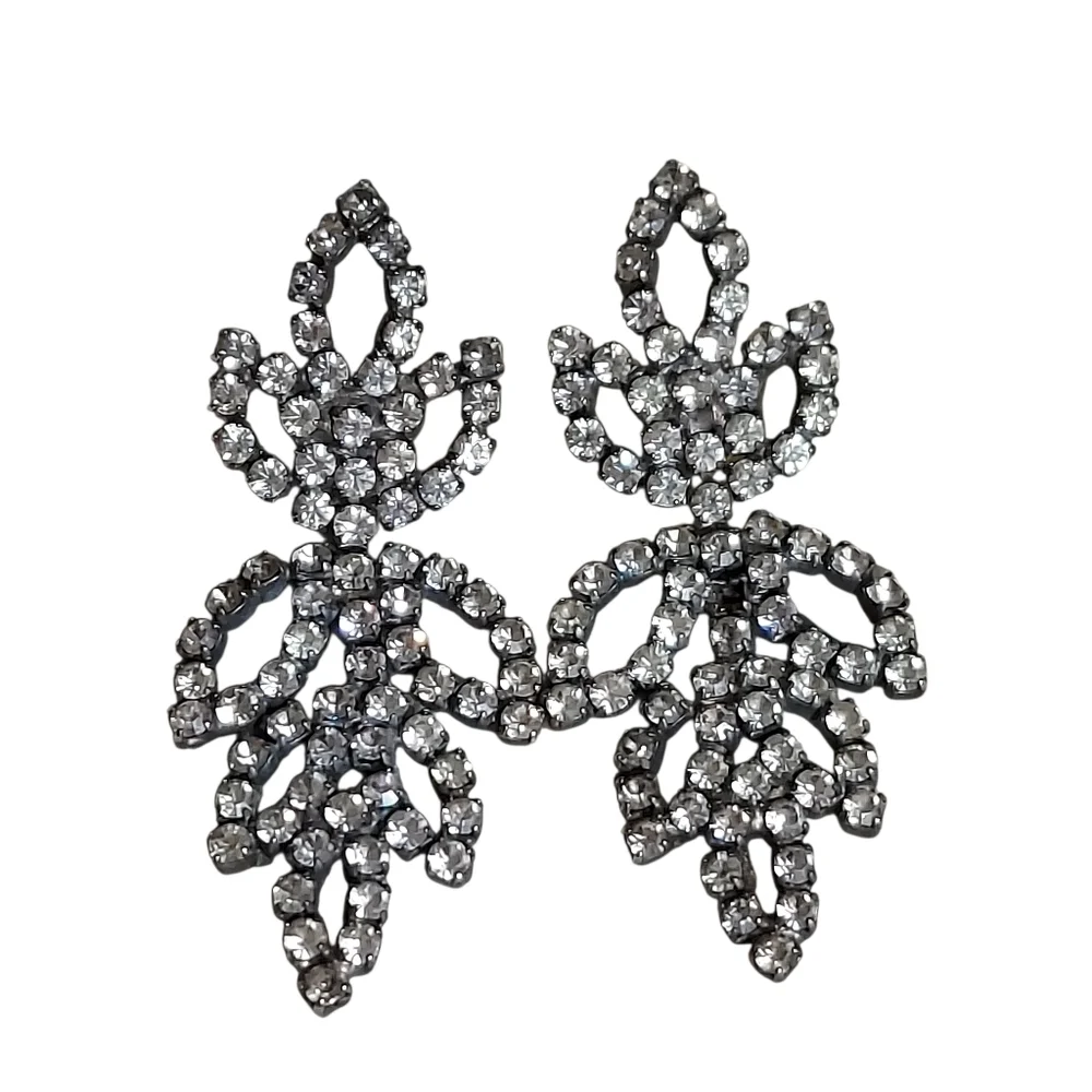 Vintage Rhinestone Crystal Leaf Earrings Pierced Evening Formal